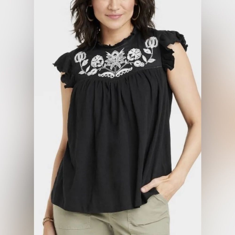 Knox Rose Black Embroidered Tassel Tie Boho Top Size XS